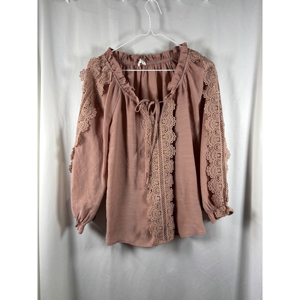 E&M Women's Pink Lace Trim Boho Blouse Top Size L